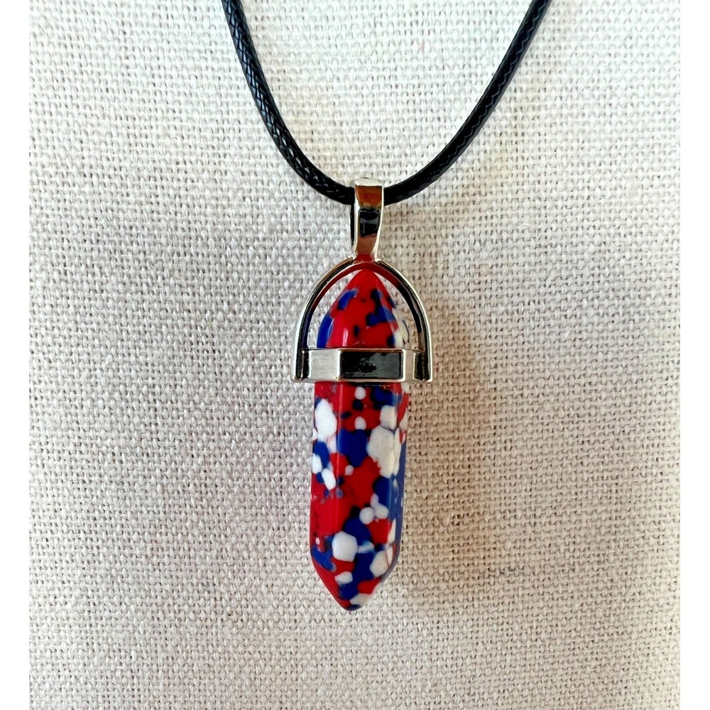 Red White Blue Stone Pendant Necklace Patriotic USA Americana Cord 250 Birthday‎